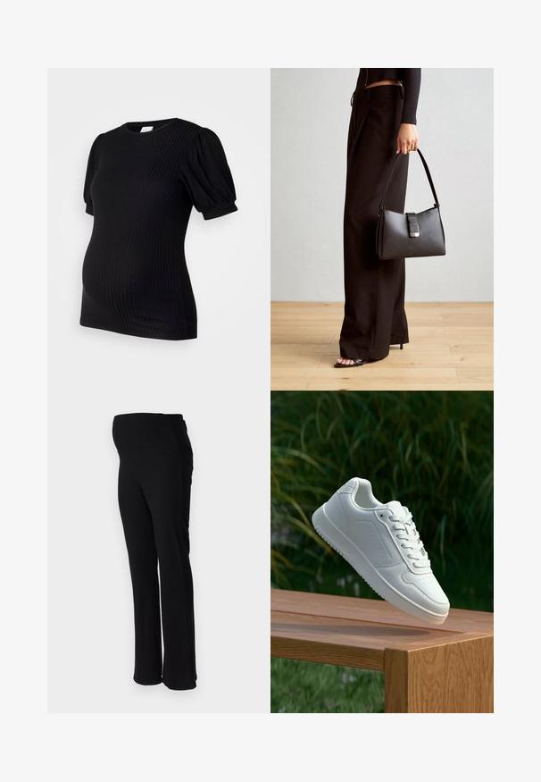 Melnas ribotas grūtniecības blūze ar īsām puff piedurknēm, apaļu izgriezumu un pieguļošu siluetu, kas izstrādāts komfortam grūtniecības laikā.; ONLY MATERNITY OLMHALLE - Auduma bikses - black; Baltie sporta apavi ar gludu sintētisku augšpusi, perforētu pirkstu daļu, plakani šņorēm un rakstainu zoli, novietoti uz koka virsmas.; Melnā somiņa ar strukturētu formu, gludu tekstūru un metālu sprādzi. Saskaņota ar platām melnām biksēm un sandālēm ar atvērtu purngalu uz koka grīdas.