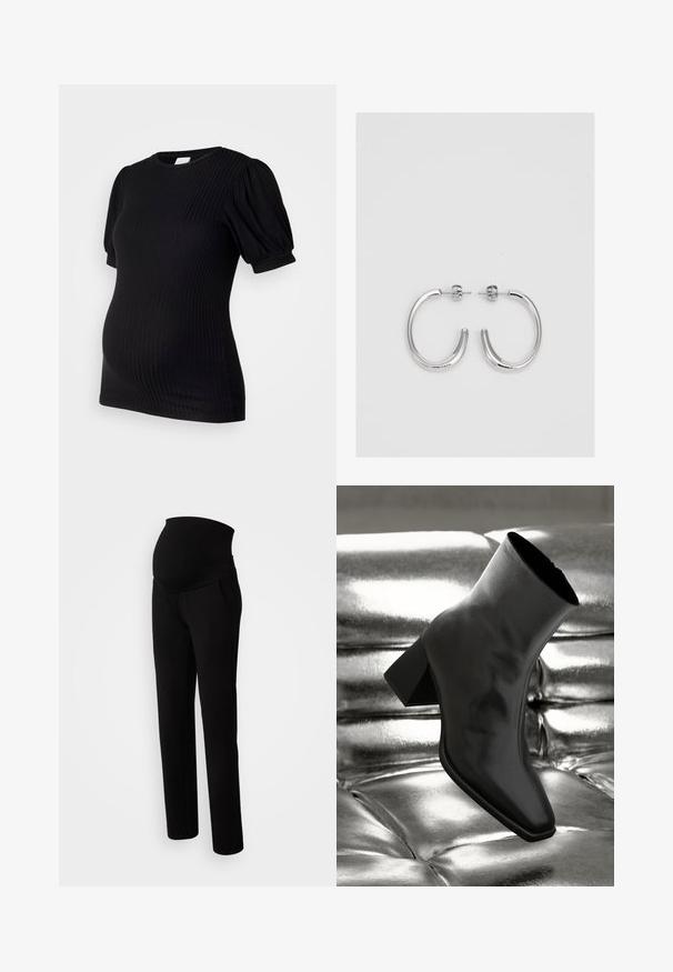 Sort ribbet graviditetstop med korte pufærmer, rund halsudskæring og en tætsiddende silhuet designet til komfort under graviditeten.; Graviditetsbukser i sort, med en strækbar talje for komfort, sidelommer, lige ben design og blød stoftekstur.; Sorte ankelstøvler lavet af glossy materiale med firkantet tå og spidse hæle, sat mod en skinnende sølv tuftet baggrund.; Sølv hoop øreringe med en glat, skinnende overflade. Rundet form, letvægtsdesign med post-back lukning.