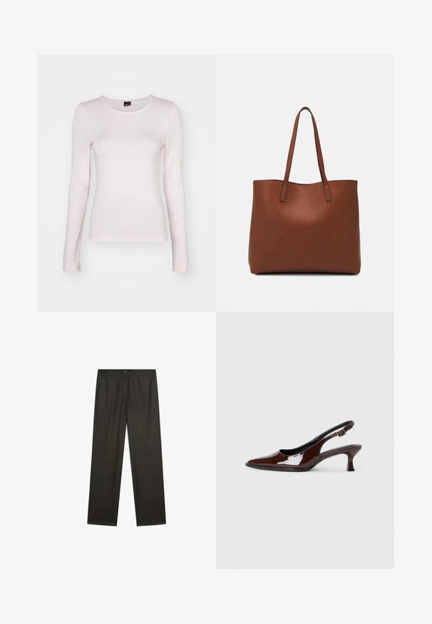 Light pink long-sleeve top made of soft fabric, featuring a round neckline and fitted design, with stitching details along the hem and sleeves.; Dark green, wide-legged trousers with a smooth texture, elastic waistband, and side pockets. Simple design with no visible patterns or hardware.; Brown patent leather slingback shoe with a pointed toe and a moderate heel. Features a buckle strap for secure fit. Smooth texture.; Brown leather tote bag with a smooth texture, open top design, and two shoulder straps. Features minimal stitching and no visible hardware.