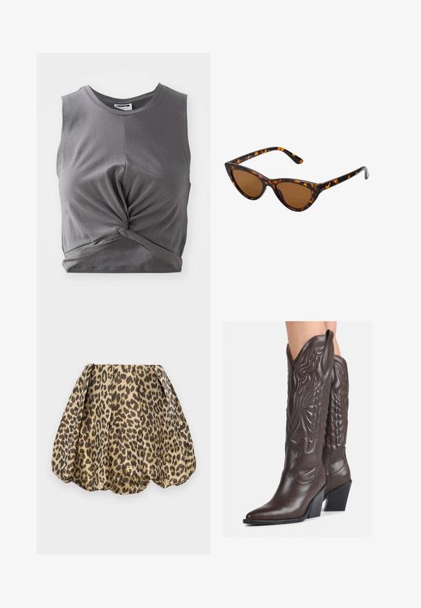 Halli ilma varrukatega lühike topp, mis on valmistatud pehmest puuvillast, esitleb keerutatud esiosa detaili ja sulguvat disaini. Sile tekstuur ja ümmargune kaelus.; Sister Jane LOLA SKIRT - A-lõikeline seelik - tan; Pruunid nahast cowboy saapad terava varbaga ja plokk-kandaga, millel on detailne tikand ja kergelt tõstetud aktsendid varrel.; Kassi vormiga prillid musta ja oranži kilpkonnakujulise raami, pruunide läätsede ja elegantsete teravate otstega. Templi juures on minimaalne logo.