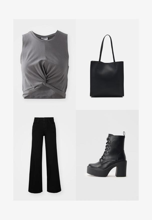 Gray sleeveless crop top made of soft cotton, featuring a twisted front detail and a fitted design. Smooth texture with a round neckline.; Black wide-leg pants made of denim, featuring a structured waistband, belt loops, and front pockets. Smooth texture with a classic design.; Black leather ankle boot with a chunky block heel, lace-up front, and textured surface. Features a tab on the back for easy wear.; Black leather tote bag with smooth texture, rectangular shape, and two long handles. No visible hardware or embellishments.