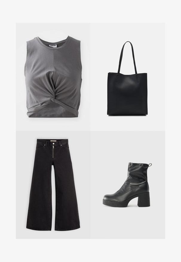 Sivi bezrukavni crop top od mekog pamuka, sa detaljem u obliku uvijanja sprijeda i prilagođenim krojem. Glatka tekstura s okruglim izrezom.; Široke traperice od crnog denima s prednjim zatvaračem, dizajnom s pet džepova i suptilnim detaljima šivanja. Glatka tekstura i ležeran stil.; Crne gležnjače od glatke kože, s bočnim zatvaračem, debelim teksturiranim potplatom i dizajnom s zaobljenim prstima.; Crna kožna torba za nošenje s glatkom teksturom, pravokutnim oblikom i dvije duge ručke. Nema vidljivih metalnih dijelova ili ukrasa.