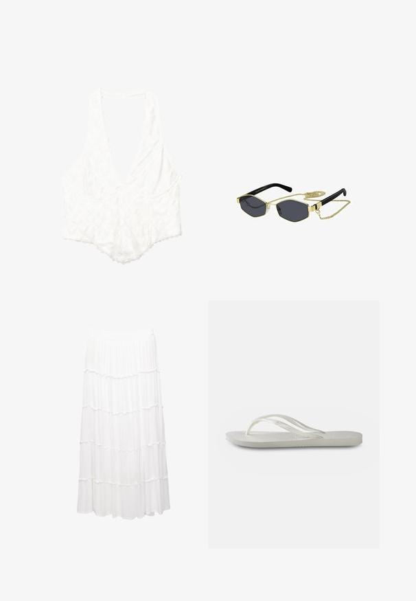 White top with a deep V-neck, floral textured pattern, scalloped edges, and a loose fit. Made from lightweight fabric.; White tiered skirt made of lightweight fabric, featuring a stretchy waistband, ruffled layers, and a flowing design that extends to mid-calf.; White flip-flop with a textured sole, featuring thin straps and a flat design. Made of rubber with a subtle logo on the footbed.; Octagonal sunglasses with dark lenses, gold metal accents, and black plastic arms; includes a detachable gold chain.
