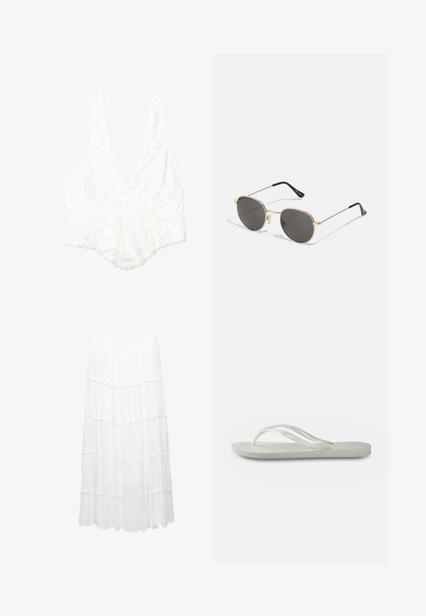Biała bluzka z głębokim dekoltem w serek, wzorem w kwiaty, falbaniastym wykończeniem i luźnym krojem. Wykonana z lekkiego materiału.; Biała spódnica warstwowa wykonana z lekkiego materiału, z elastycznym pasem, falbanami i luźnym krojem, sięgającym do połowy łydki.; Białe klapki z teksturowaną podeszwą, z cienkimi paskami i płaskim fasonem. Wykonane z gumy, z subtelnym logo na wkładce.; Okrągłe okulary przeciwsłoneczne z ciemnymi szkłami, cienką złotą metalową ramą, plastikowymi końcówkami zauszników oraz regulowanymi noskami. Minimalistyczny design o klasycznym wyglądzie.