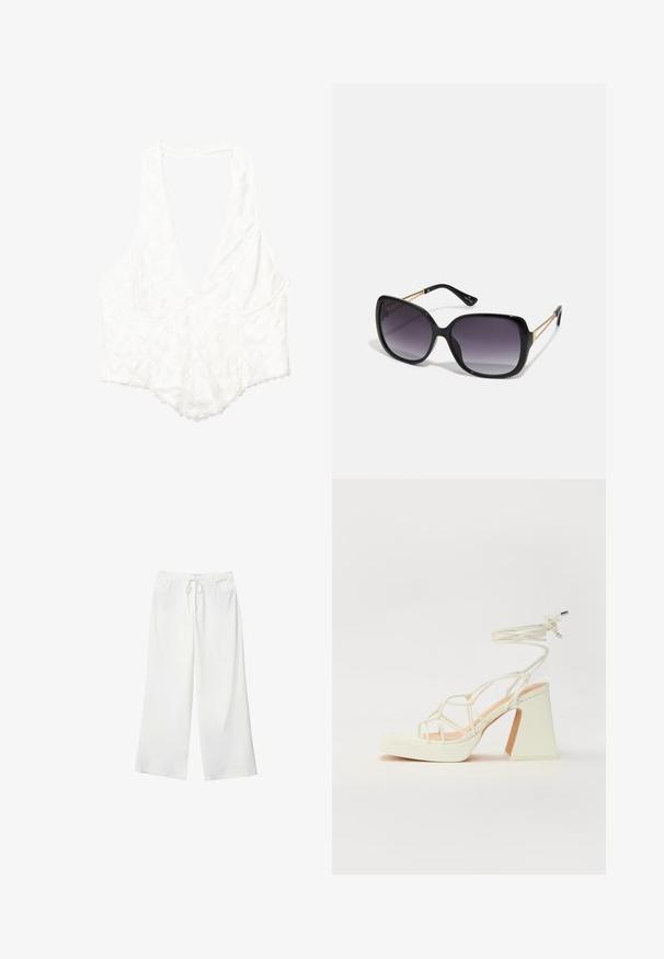 Bijela majica s dubokim V-izrezom, cvjetnim reljefnim uzorkom, valovitim rubovima i slobodnim krojem. Izrađena od lagane tkanine.; Bijele hlače širokih nogavica od mekanog materijala, s elastičnom trakom u struku i dva prednja džepa. Glatka tekstura i bez vidljivih uzoraka.; Bijela sandala na visokoj potpetici s debelim petom, s remenom i vezanjem oko gležnja. Glatka tekstura s platformom sprijeda za dodatnu visinu.; Crne prevelike sunčane naočale s gradijentnim lećama, debelim okvirom i zlatnim lancem kao detaljem na krakovima.; Bijela sintetička torbica s trokutastim oblikom, ravnim prednjim poklopcem i detaljem u obliku mašne, podesivom remenom, glatkom teksturom i minimalističkim dizajnom.