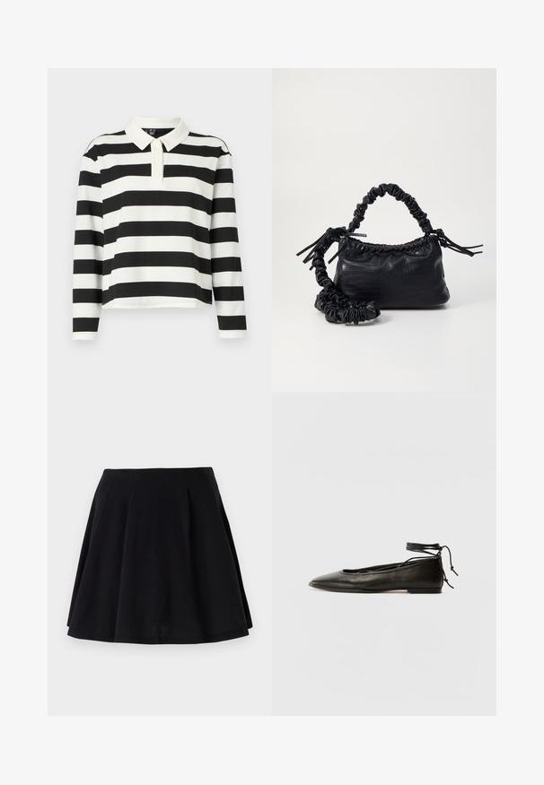 Čierno-biely pruhovaný polo svetri s dlhým rukávom a plochým golierom, s rovnými okrajmi a mäkkou, textúrovanou tkaninou.; Čierna bavlnená sukňa s rozšíreným strihom, s pliecoch v oblasti pásu a hladkou textúrou. Vhodná na každodenné nosenie.; Čierne kožené baletky s špicatou špičkou, viazaním okolo členka a plochou podrážkou, s hladkou textúrou a minimalistickým dizajnom.; Čierna umelá kožená kabelka s kroko vzorom, sťahovaným vrchom a zhnutým popruhom. Vyzerá mäkko a kompaktné v dizajne.