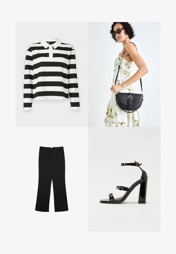 Čierno-biely pruhovaný polo svetri s dlhým rukávom a plochým golierom, s rovnými okrajmi a mäkkou, textúrovanou tkaninou.; Čierne nohavice so strihom rovného strihu, s prednými vreckami a bočnými rozparkami na leme. Vyrobené z mäkkej, hladkej tkaniny. Vhodné na rôzne príležitosti.; Čierne lakované sandále na podpätku so štvorcovou špičkou, navlečenými remienkami okolo členku a striebornými prackami. Disponujú masívnym blokovým podpätkom pre stabilitu.; Čierna kožená kabelka s zaobleným tvarom, odnímateľným popruhom a zlatými doplnkami. Kabelka má klopu s detailom s prackou.