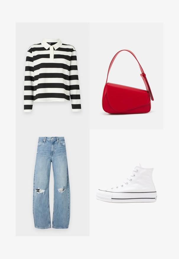 Svart og hvit stripete langermet polo-skjorte med flat krage, med rett kant og et mykt, teksturert stoff.; Lyseblå høytlivsjeans laget av denim. Har vide bein, to revne knær og klassisk fem-lommers design.; Hvit høy-skinn kanvas sneakers med svart gummisåle, gummitåhette foran og seks hull for snorer, med et rent, minimalistisk design.; Rød lærveske med en vinklet, geometrisk design. Har en enkelt justerbar stropp og en klaffelukking med sydd detaljer.