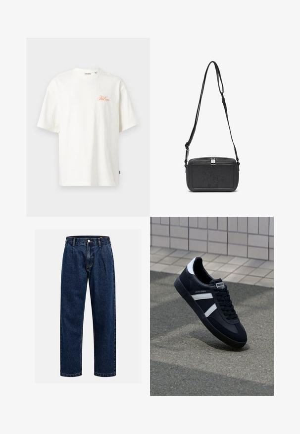 Camiseta de algodón blanca de manga corta, con un logo naranja en el lado izquierdo del pecho y un corte recto en el dobladillo.; Jeans de mezclilla azul oscuro con un diseño de pierna recta. Presentan costura visible, cierre de botón y pliegues frontales para un detalle adicional.; Zapatilla de cuero negra con rayas blancas, suela de goma texturizada y parte frontal con cordones. Cuenta con una etiqueta de marca en la lengüeta.; Bolso cruzado de piel negra con cierre de cremallera, logotipo embossing en el frente y correa ajustable. Textura suave con forma rectangular.