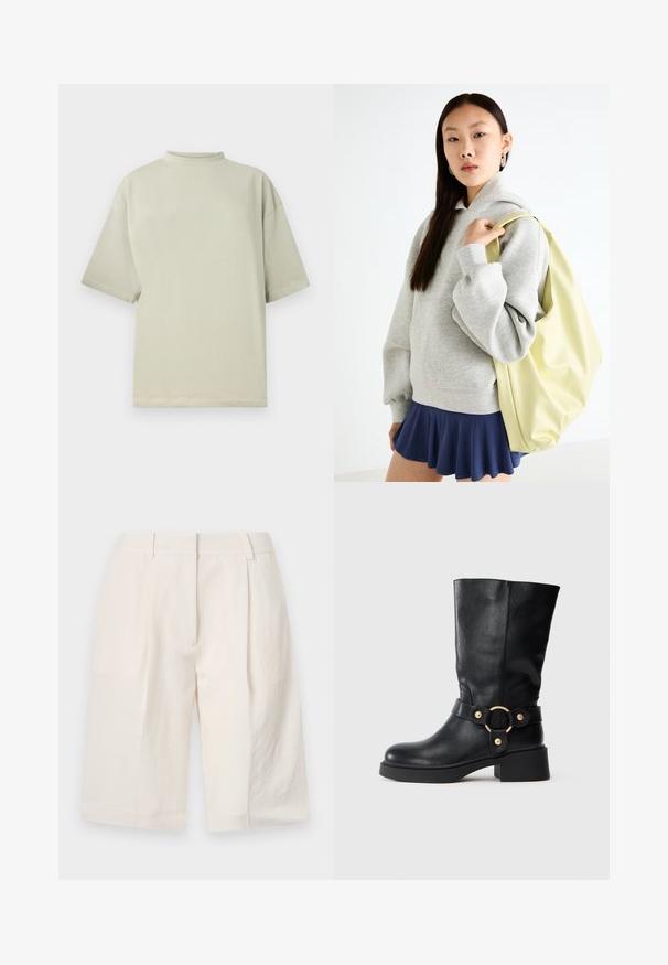 Koftīte ar īsām piedurknēm un augstu apkakli gaiši zaļā kokvilnā. Brīvs piegriezums ar taisnu griezumu. Gluda virsma; nav redzamu rakstu vai rotājumu.; Baltas linu šorti ar pielāgotu dizainu, ar izšūtu priekšpusi un plašiem kāju atverēm. Gluda tekstūra un garums līdz vidējam augšstilbam.; Melna ādas zābaks līdz puslīdakai ar masīvu papēdi un dekoratīvu siksniņu ar zelta apļu sprādzi uz balta fona.; Pelēka lielizmēra kapučjakete ar kanguru kabatu, kombinēta ar tumši lazdu svārkiem. Aksesuārs: liela gaismas dzeltena mugursoma ar gludu tekstūru.