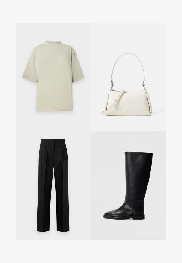 Rövid ujjú, magas nyakú póló halványzöld pamutból. Laza szabású, egyenes vonalakkal. Simább textúra; nincs látható minta vagy díszítés.; Fekete nadrág szövetből, szabott kialakítással, pliszírozott, egyenes szárral és lapos elülső résszel. Tartós és sima tapintású.; Fekete bőrből készült, térd fölé érő csizma, lekerekített orral, sima felülettel, minimalista dizájnnal és lapos talppal. Egyszerű varrási részletek a szárán.; Fehér kézitáska sima textúrával, ívelt sziluettel és állítható vállpánttal. Diszkrét logó minta és ezüstszínű kiegészítők jellemzik.