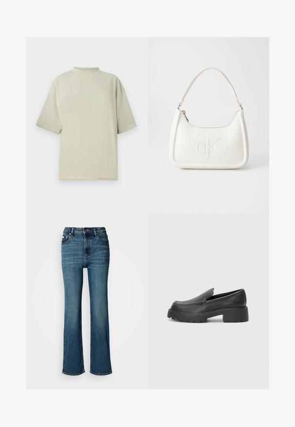 Kortærmet, højhalset t-shirt i lysegrøn bomuld. Afslappet pasform med lige snit. Glat tekstur; ingen synlige mønstre eller udsmykninger.; Højtaljede blå jeans lavet af denim, med lige ben design, subtil fading, og en standard knap- og lynlås lukning.; Sorte læder loafers med rund tå, tyk tekstureret sål og minimale syninger. Elegant design uden synlige snørebånd eller hardware.; Hvid lædertaske med en buet form, der har et præget "CK"-logo på fronten og en enkelt skulderrem. Lynlåslukning i toppen.