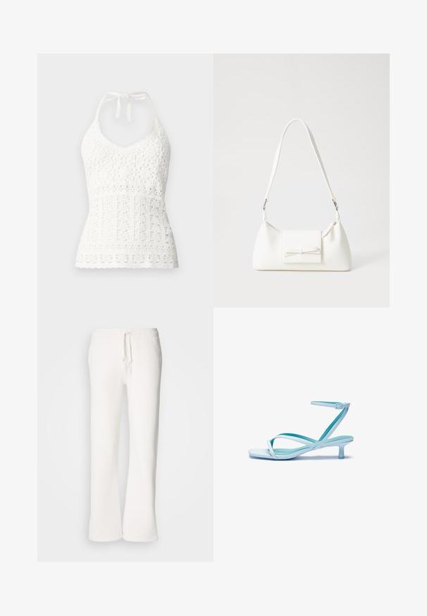 Top de crochê branco com decote em V, apresentando padrões florais e detalhes texturizados por toda a peça, finalizado com um laço no pescoço.; Calças de fato brancas, de corte descontraído, feitas de um tecido macio, com um cós elástico e um cordão de ajuste, apresentando um design de pernas retas.; Sandal de tira azul claro com ponta quadrada, salto baixo, tira ajustável no tornozelo e acabamento liso e brilhante. Tiras cruzadas na palmilha.; Mala sintética branca com formato triangular, aba frontal plana e detalhe de laço, alça ajustável, textura suave e design minimalista.