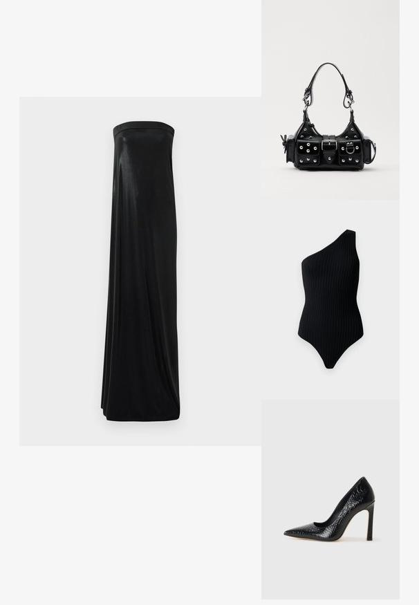Body nero a spalla unica con texture a costine. Presenta una forma aderente e un design senza cuciture, enfatizzando un look minimalista.; Abito maxi nero senza maniche realizzato in tessuto liscio e lucido. Presenta un corpetto aderente e una silhouette fluida, che arriva fino al pavimento senza decorazioni.; Scarpa nera con punta a punta alta in pelle di coccodrillo, caratterizzata da un design elegante, alto tacco a spillo e interno nero liscio.; Borsa a mano in pelle nera con design curvo, caratterizzata da borchie argentate, una fibbia e due tasche laterali. Tracolla regolabile per diverse opzioni di trasporto.