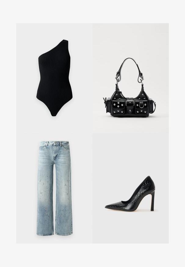 Black, one-shoulder bodysuit with ribbed texture. Features a fitted shape and a seamless design, emphasizing a minimalist look.; Light blue wide-leg jeans made of denim, featuring a gradient color effect and embellishments of silver rhinestones in a vertical pattern.; Black pointed-toe high heel shoe with a crocodile-skin texture, featuring a sleek design, high stiletto heel, and smooth black interior.; Black leather handbag with a curved design, featuring silver studs, a buckle, and two side pockets. Adjustable strap for carrying options.