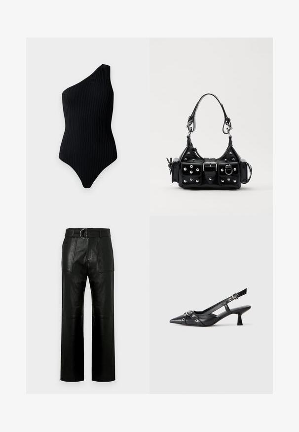 Schwarzer, einseitiger Bodysuit mit gerippter Textur. Besitzt eine figurbetonte Form und ein nahtloses Design, das einen minimalistischen Look betont.; Hochtaillierte schwarze Lederhose mit weitem Bein, großen aufgesetzten Taschen vorne und einem passenden Gürtel mit Doppelringverschluss.; Schwarzer Leder-Slingback-Schuh mit spitz zulaufender Zehenpartie, dekorativen Riemen mit METALLÖSEN und niedrigem Blockabsatz. Strukturelle Oberfläche.; Schwarze Lederhandtasche mit einem geschwungenen Design, verziert mit silbernen Nieten, einer Schnalle und zwei seitlichen Taschen. Verstellbarer Träger für verschiedene Tragemöglichkeiten.
