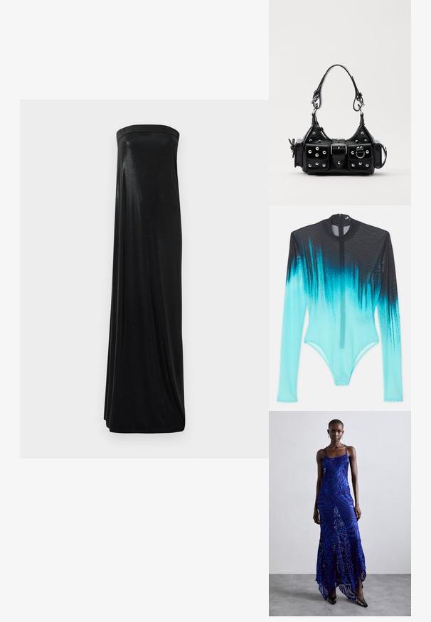 Dlouhý rukáv bodysuit z průhledné tkaniny, s gradientem od černé po živou tyrkysovou. Přední zip a elegantní, těsně přiléhající design.; Černé dlouhé šaty bez ramínek vyrobené z hladké, lesklé textilie. Mají přiléhavý korzet a splývavý střih, sahající až k zemi, bez ozdob.; Modré a fialové maxi šaty s potiskem zvířecí srsti, tenkými ramínky, přiléhavým živůtkem, rozšířeným spodním lemem a průhlednými detaily.; Černá kožená kabelka s křivkovým designem, zdobená stříbrnými hřebíky, s přezkou a dvěma bočními kapsami. Nastavitelný popruh pro různé možnosti nošení.