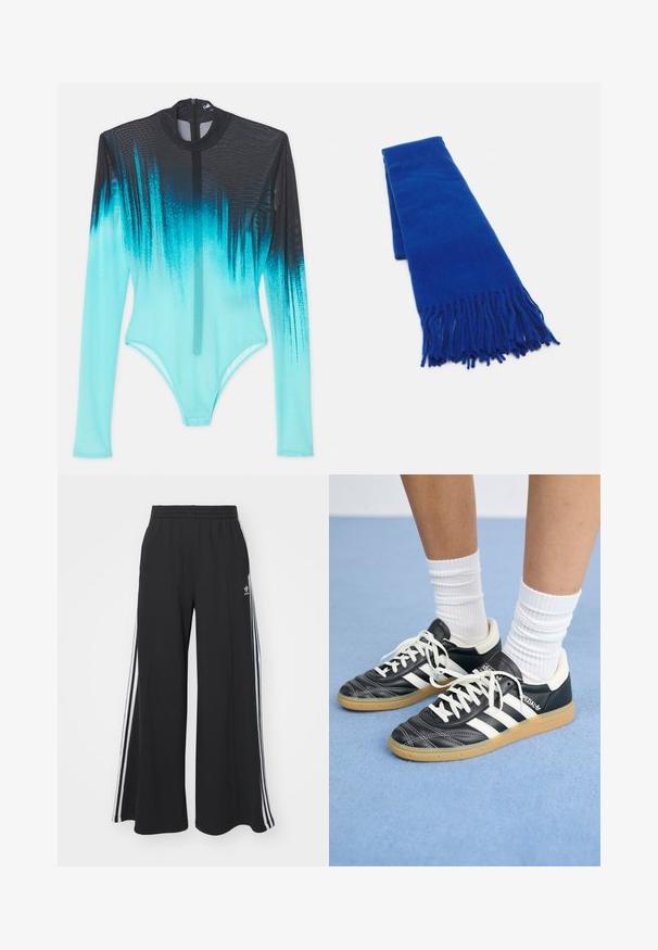 Body a maniche lunghe in tessuto a rete, con una sfumatura che va dal nero a un brillante acquamarina. Chiusura frontale con zip e design elegante e aderente.; Pantaloni in felpa neri a gamba larga con vita elastica, dotati di strisce bianche sui lati e un logo ricamato sulla coscia sinistra.; Sneaker in pelle nera con strisce bianche, punta rotonda, lacci bianchi e suola in gomma. Menzionate del collare imbottito e dettagli del marchio.; Sciarpa blu intrecciata con estremità frangiate, texture liscia, forma rettangolare e colore uniforme su tutta la superficie. Adatta per il freddo.