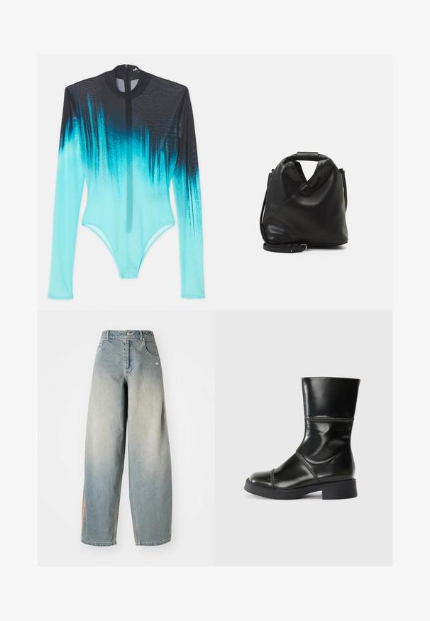 Langærmet bodysuit i mesh-stof med en gradient fra sort til lysende aqua. Frontlynlås og slank, tætsiddende design.; Lyseblå denim wide-leg jeans med en falmet finish. Har frontlommer, en knaplukning og et subtilt logo på taljen.; Sort læder ankelstøvle med rund tå, glat overflade, kontrastsyning og blokhæl, der har en let afsmalnet silhuet.; Sort, blødt lædertaske med et unikt snoet design. Har et kort håndtag og en aftagelig skulderrem. Minimalistisk stil.