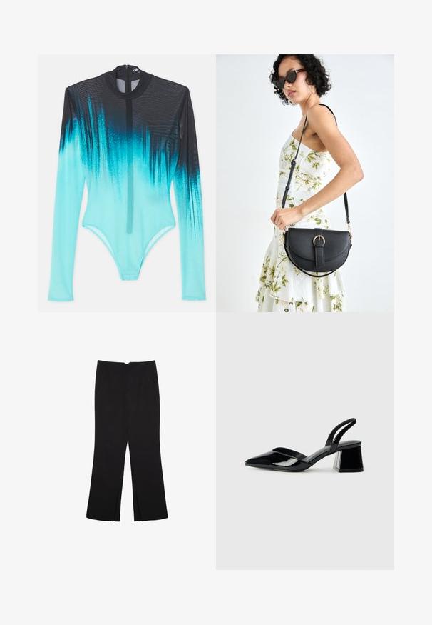 Bodysuit dugih rukava od mrežastog materijala, s gradijentom od crne do živahne akvamarinske boje. Prednji zip i elegantan, prilagođen dizajn.; Crne hlače ravnog kroja, s prednjim džepovima i bočnim prorezima na rubu. Izrađene od mekog i glatkog materijala. Pogodne za razne prigode.; Crne lakirane kožne sandale s otvorenom petom i špicastim vrhom, s geometrijskom blok petom. Imaju elegantan, minimalistički dizajn i glatku teksturu.; Crna kožna torba s lukovitim oblikom, odvojivim remenom i zlatnim detaljima. Torba ima preklop s kopčom.; Tri srebrna prstena, različitih širina, imaju ugravirane brojeve od 1 do 23 na vanjskom dijelu, označeni s "Napravljen u Italiji" unutra.