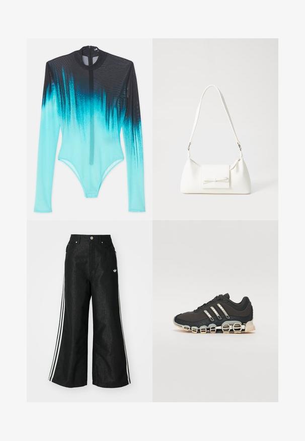 Body a maniche lunghe in tessuto a rete, con una sfumatura che va dal nero a un brillante acquamarina. Chiusura frontale con zip e design elegante e aderente.; Pantaloni in denim neri a gamba larga con tre strisce bianche su ciascun lato e un piccolo logo bianco. Presentano tasche frontali e chiusura con bottone.; Scarpa da ginnastica nera con tomaia testurizzata, tre strisce argentate e una suola ammortizzata distintiva con più sezioni integrate.; Borsa sintetica bianca a forma triangolare, con patta anteriore piatta e dettaglio a fiocco, tracolla regolabile, texture liscia e design minimalista.
