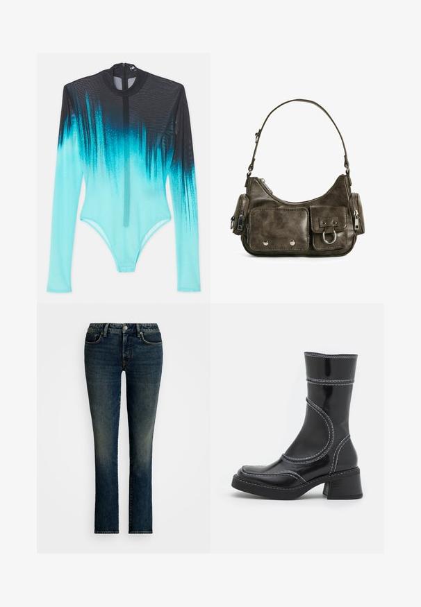 Long-sleeve bodysuit in mesh fabric, featuring a gradient from black to vibrant aqua. Front zip and sleek, form-fitting design.; Dark blue denim jeans with a straight leg design, five pockets, and light fading on the front. Silver button and zipper closure.; Black patent leather ankle boot with white stitching, rounded toe, and block heel. Features curved design lines and a smooth texture.; Dark green leather handbag with a curved shape, zippered pockets, and front flap pocket. Features silver hardware and textured finish.