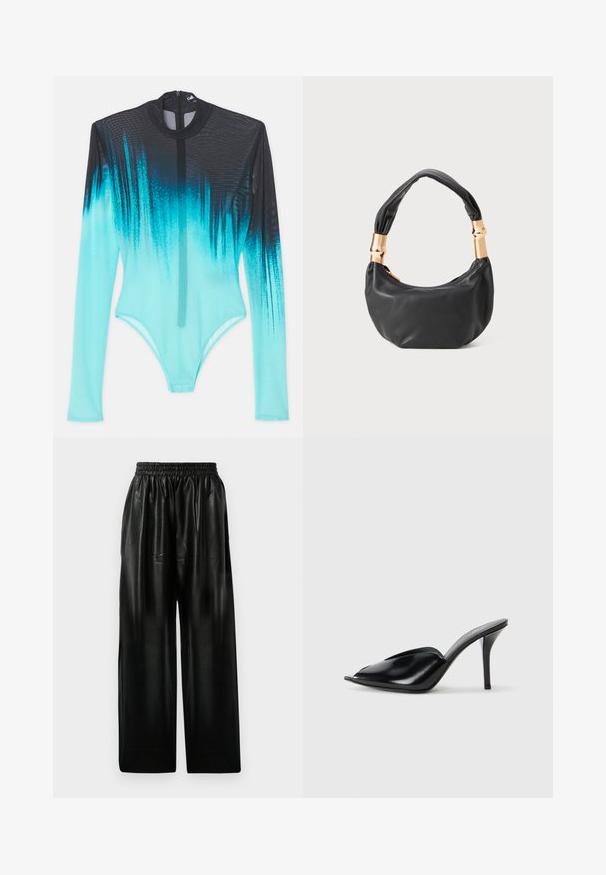 Dlouhý rukáv bodysuit z průhledné tkaniny, s gradientem od černé po živou tyrkysovou. Přední zip a elegantní, těsně přiléhající design.; Černé kožené kalhoty s širokými nohavicemi a elastickým pasem, které mají dvě boční kapsy a hladkou, lesklou texturu.; Černé kožené vysoké muly s otevřenou špičkou, špičatým designem, hladkým povrchem a štíhlým jehlovým podpatkem.; Černá kožená kabelka s kulatým tvarem, měkkou texturou a uzlovou rukojetí se zlatými kovovými detaily. Zapínání na zip.