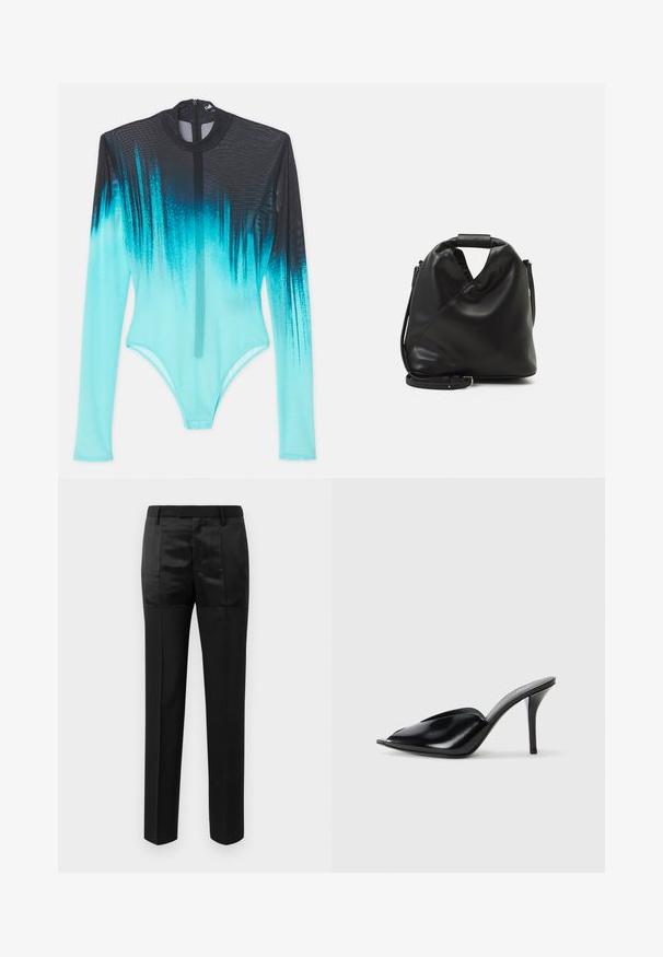 Langærmet bodysuit i mesh-stof med en gradient fra sort til lysende aqua. Frontlynlås og slank, tætsiddende design.; Sorte skræddersyede bukser med lige ben og en livrem med bæltesløjfer, der har en blanding af matte og glinsende stofpaneler.; Sorte læder højhælede mules med åbent tådesign, spidse former, glat tekstur og en slank stiletto hæl.; Sort, blødt lædertaske med et unikt snoet design. Har et kort håndtag og en aftagelig skulderrem. Minimalistisk stil.