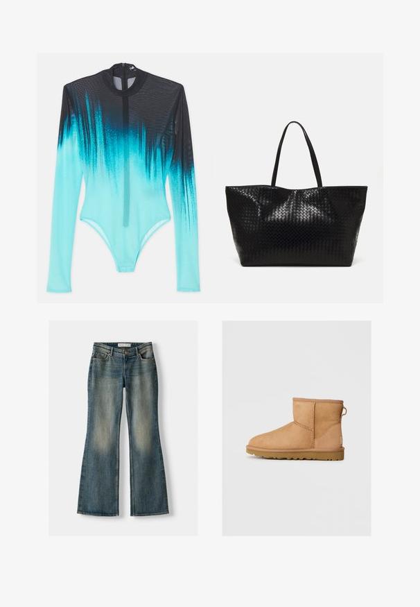 Bodysuit dugih rukava od mrežastog materijala, s gradijentom od crne do živahne akvamarinske boje. Prednji zip i elegantan, prilagođen dizajn.; Plave trapezaste traperice s izblijedjelim pranjem, pet džepova i zatvaranjem na gumb. Materijal prikazuje traper teksturu s suptilnim detaljima šivanja.; Anđeoske čizme od brušene kože u bež boji sa okruglim prstom, šivenim detaljima, petnim trakama i teksturiranim gumenim đonom. Dizajnirane za udobnost i toplinu.; Crna tkana torba s dva čvrsta držača, s sjajnom teksturom i prostornim dizajnom bez zatvaranja.