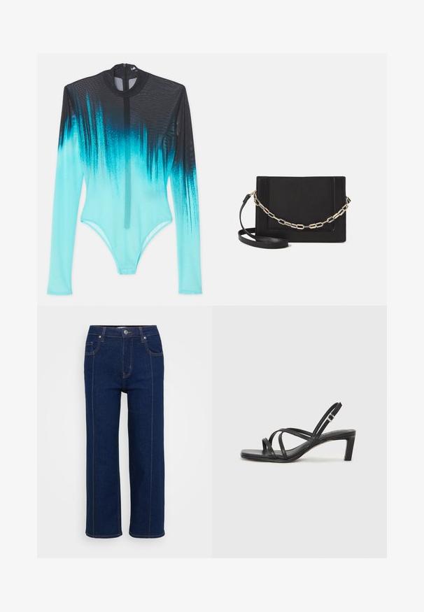 Body z długim rękawem z siateczkowego materiału, z gradientem od czerni do intensywnego akwamarynu. Zamek błyskawiczny z przodu i smukły, dopasowany krój.; Ciemnoniebieskie dżinsy o prostym kroju z zapięciem na guzik, przednimi i tylnymi kieszeniami oraz widocznym pomarańczowym nicią wzdłuż szwów.; Czarne sandały na obcasie z prostokątnym noskiem i niskim słupkowym obcasem. Posiadają wiele cienkich pasków i regulowany pasek na kostkę. Wykonane z gładkiej skóry.; Czarna skórzana torebka typu crossbody z gładką teksturą, prostokątnym kształtem oraz metalowym detalem w postaci łańcuszka z przodu. W zestawie regulowany pasek.