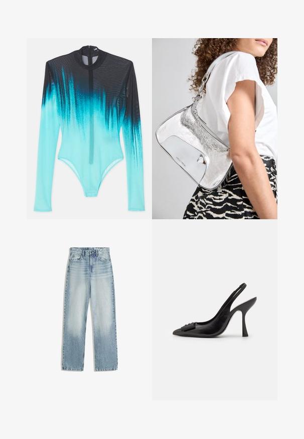 Langærmet bodysuit i mesh-stof med en gradient fra sort til lysende aqua. Frontlynlås og slank, tætsiddende design.; Lyseblå denimjeans, høj talje, med lige ben. Har klassisk fem-lomme design og subtil falming foran.; Sorte lædersandal med spids tå, slank høj hæl og dekorativ sløjfeaccent. Glat tekstur og strømlinet design.; Sølv metal skuldertaske med en glat overflade, buet design, kædestrop og en poleret frontpanel med en subtil logoindgravering.
