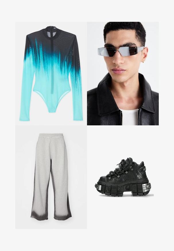 Langærmet bodysuit i mesh-stof med en gradient fra sort til lysende aqua. Frontlynlås og slank, tætsiddende design.; Grå sweatsbukser med en tekstureret finish, der har en gradvis mørkegrå fade ved kanten, elastisk talje og bred benpasform.; Sort lædersneaker med tyk gummisål og metalliske detaljer. Har runde snørebånd og et forstærket tåområde mærket med sølvhardware.; Vinkelformede gråtonede solbriller med sølvhardware, sat mod en lys baggrund. Linsen har en unik geometrisk form.