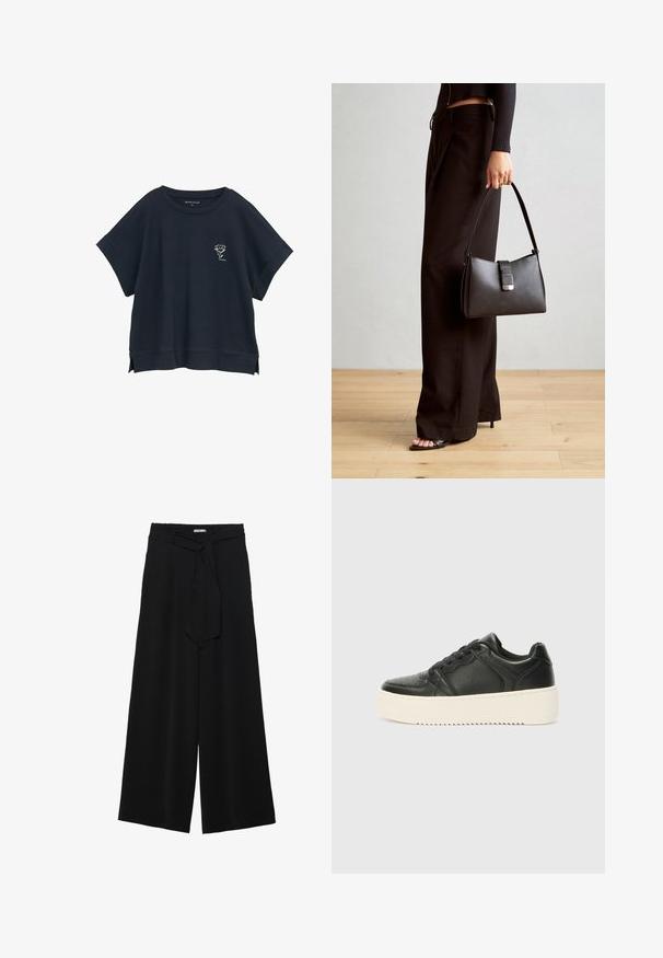 Navy blue oversized t-shirt, short sleeves, round neckline, side slits, featuring a small white flower graphic on the chest. Soft fabric texture.; Black wide-leg pants featuring a textured fabric, an elastic waistband, and a detachable sash tie at the waist for adjustable fit.; Black leather sneaker with a smooth texture, thick cream-colored sole, round toe, and classic lace-up design. Subtle stitching details.; Black handbag with structured shape, smooth texture, and a metallic clasp. Paired with wide black pants and open-toe sandals on wooden floor.