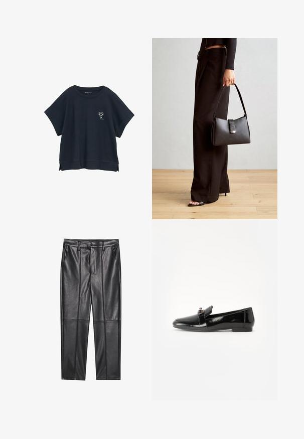 Cămașă oversize de culoare bleumarin, cu mâneci scurte, gât rotund, fante laterale, având un grafic mic cu o floare albă pe piept. Textură de material moale.; Pantaloni din piele neagră cu o textură netedă, având o croială dreaptă, două buzunare frontale și detalii vizibile ale cusăturilor.; Loafers din piele patent neagră cu talpă plată, vârf rotund și o bandă decorativă cu un accent în ton de aur. Finisaj neted, lucios.; Genți negre cu o formă structurată, textură netedă și un închizător metalic. Asortată cu pantaloni negri largi și sandale cu vârf deschis pe un podea din lemn.