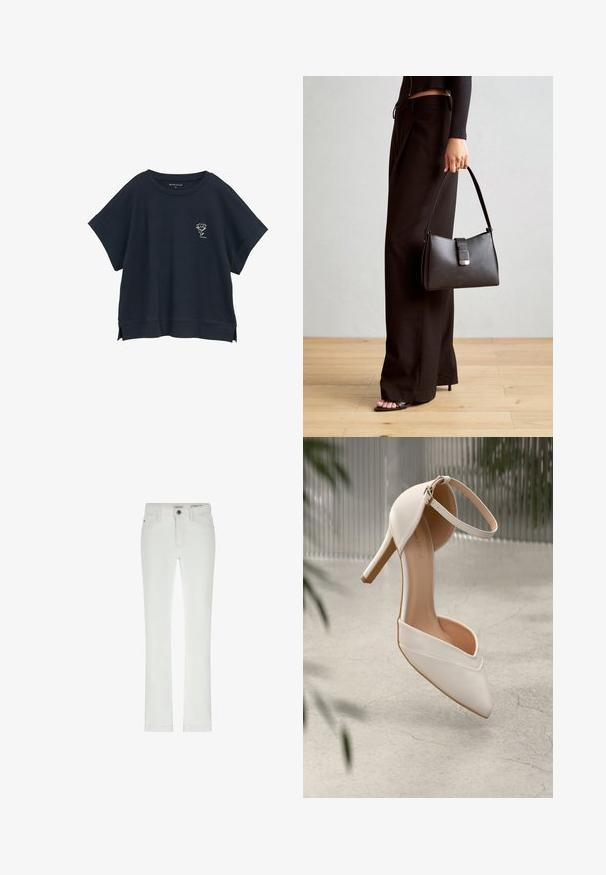 Camiseta de gran tamaño de color azul marino, de manga corta, con cuello redondo, aberturas laterales, que presenta un pequeño gráfico de una flor blanca en el pecho. Textura de tela suave.; Jeans blancos de corte ajustado, diseño de 5 bolsillos y costuras en contraste. Presentan un cierre de botón y una sutil etiqueta de marca en la cinturilla.; Zapato blanco de tacón alto en material suave con punta afilada y correa en el tobillo. Presenta un interior de color beige claro y acentos en tono dorado.; Bolso negro con forma estructurada, textura suave y un cierre metálico. Combinado con pantalones anchos negros y sandalias de dedo en un suelo de madera.