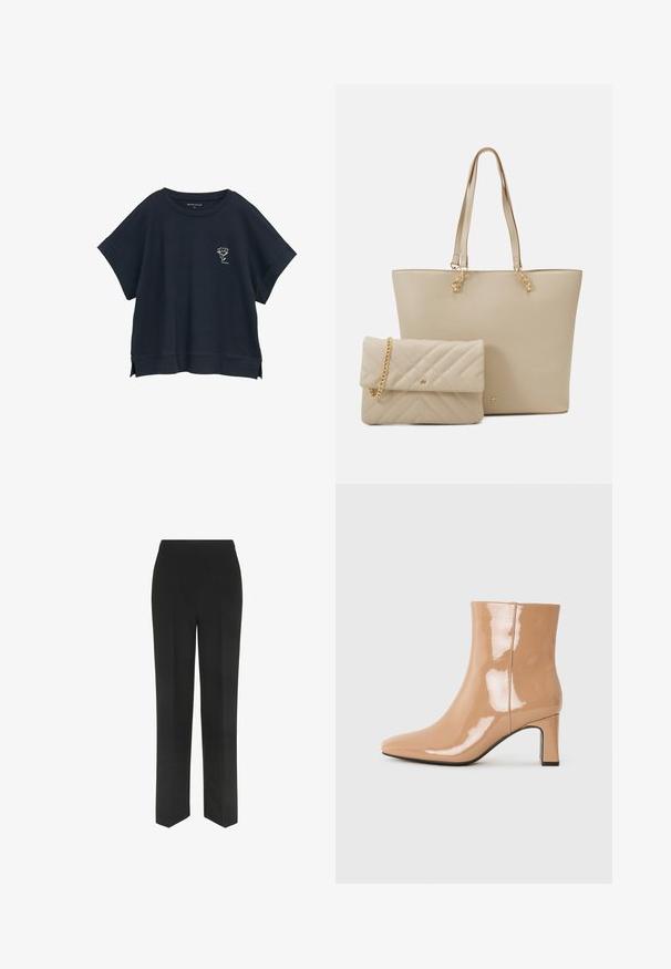 Marineblå oversized t-shirt, korte ærmer, rund halsudskæring, sideslids, med et lille hvidt blomstermotiv på brystet. Blød stoftekstur.; Sorte bukser med lige ben-design, der har en simpel talje og ingen synlige lommer, præsenteret mod en hvid baggrund.; Nude patent ankelstøvler med spids tå, en skinnende overflade og en blokhæl i mellem højde. Glat tekstur og strømlinet silhuet.; Beige tote bag med flade håndtag, glat tekstur og guld hardware, parret med en matchende quiltet clutch med kædestrop.