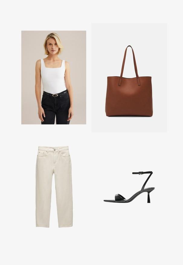 Fehér, bordázott pántos felső négyzet alakú nyakkivágással és széles pántokkal, párosítva magas derekú fekete farmernadrággal és fekete övvel, arany csattal.; Fehér farmernadrág laza szabással, egyenes szárral, öt zsebes kialakítással, valamint finom textúrájú fém kiegészítőkkel.; Bershka Magas sarkú szandálok - black; Barna bőr vászontáska sima textúrával, nyitott tetejű dizájnnal és két vállpánttal. Minimális varrással és látható hardver nélkül készült.