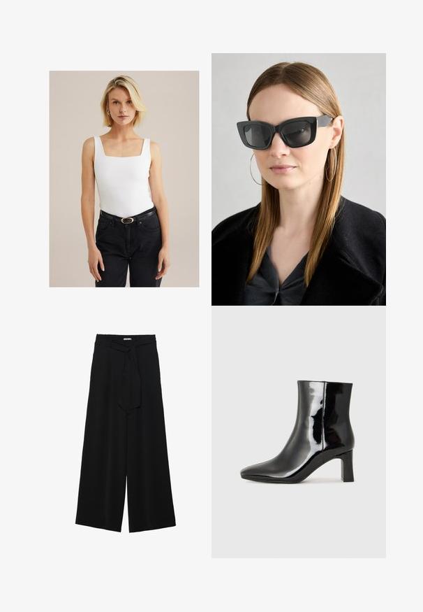Biele rebrované tielko s hranatým výstrihom a širokými ramienkami, v kombinácii s čiernymi džínsy s vysokým pásom a čiernym opaskom so zlatou prackou.; Čierne široké nohavice s textúrovanou tkaninou, elastickým pásom a odnímateľným viazaním na páse pre nastaviteľné priliehanie.; Čierne lakované členkové topánky s špicatou špičkou a stredne vysokým blokovým podpätkom. Hladká textúra a minimalistický dizajn.; Čierne mačacie slnečné okuliare s tmavými sklami, hrubými obručami a jemnými detailami. Nosí sa s čiernym kabátom a sivým topom, pričom má dlhé rovné vlasy.