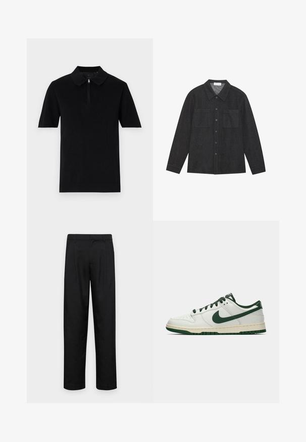 Fekete, rövid ujjú pólóing sima anyagból, cipzáros gallérral és egyenes szegéllyel. Egyszerű és minimalista dizájn.; Sötétszürke, texturált anyagból készült ing, hegyes gallérral, gombos elejével és két mellzsebbel. Hosszú ujjak, gombos mandzsettával.; Fekete nadrág sima anyagból, egyenes szárú fazonnal, két elülső redővel és közönséges derékkal, övhurkokkal.; Fehér, alacsony szárú sneaker sötétzöld Nike swoosh-zsal, fűzőkkel és talp kiemelésekkel, profilból bemutatva egy sima fehér háttér előtt.