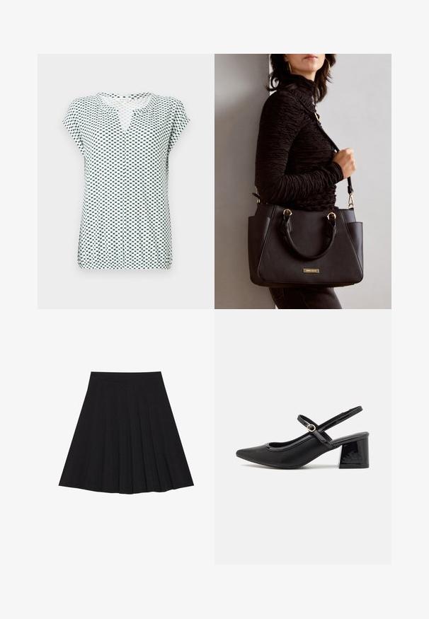 Baltas trumpas rankovėmis marškinėliai su geometriniu tamsiai mėlynu raštu, V formos iškirpė ir laisvas siluetas. Pagaminti iš lengvos, tekstūruotos medžiagos.; Juoda plisėta sijonas, pagamintas iš tekstūruotos medžiagos su prigludusia juosmens juosta. Siekia kelių ilgį, turi sklandžią, švarią siluetą.; Juodi patentinio odos slingback aukštakulniai su smailiu pirštu, apvaliu išpjovimu ir blokiniu kulnu. Papuošti auksiniu juostos akcentu.; Juodas rankinės maišelis su struktūrizuota paviršiumi, dvigubais viršutiniais rankenėlėmis ir reguliuojamu peties diržu. Įrengtas aukso spalvos furnitūra ir šoninės kišenės.