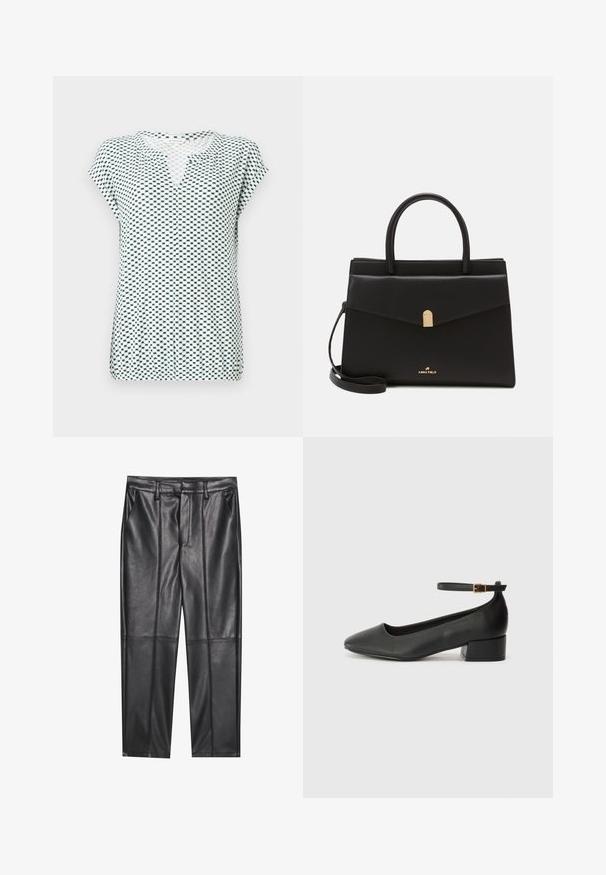 Top cu mânecă scurtă, de culoare albă, cu un model geometric bleu închis, având decolteu în V și o croială lejeră. Confectionat dintr-un material ușor, texturat.; Pantaloni din piele neagră cu o textură netedă, având o croială dreaptă, două buzunare frontale și detalii vizibile ale cusăturilor.; Pantof cu toc negru din piele, cu vârf ascuțit și toc mic pătrat. Dispune de o curea la gleznă cu o cataramă în tonuri de aur. Textură netedă.; Geantă de piele neagră, cu o formă structurată, având o clemă de culoare aurie, două mânere și o curea de umăr reglabilă. Logo-ul este afisat pe față.