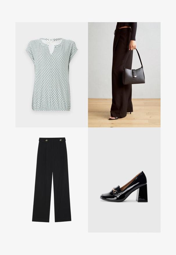 Rövid ujjú, fehér felső geometriai navy mintával, V-kivágással és laza szabással. Könnyű, textúrált anyagból készült.; Fekete, bő szárú nadrág magas derékkal, gombos részletekkel a derékrészen és elülső pliszékkal.; Fekete lakkbőr magassarkú cipő hegyes orral és tömbsarkal. Díszes pánt és csatt részlet található a cipő elején.; Fekete kézi táska strukturált formával, sima textúrával és fémből készült záródással. Széles fekete nadrággal és nyitott orrú szandállal párosítva, fából készült padlón.