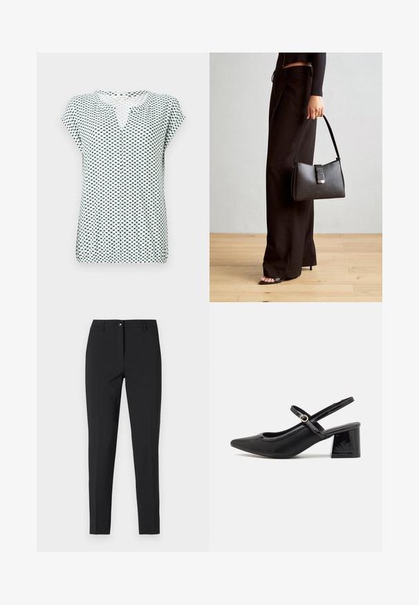 Kortermet topp i hvit med et geometrisk mønster i marineblått, med V-hals og avslappet passform. Laget av lett, strukturert stoff.; Sorte tettsittende bukser i glatt stoff, med klassisk midjebånd, frontal glidelås og sidelommer, med en strømlinjeformet, skreddersydd design.; Sorte lakk lær slingback hæler med spiss tå, et avrundet utskjæringsdesign og blokkheel. Har en gulltone spenne som detalj.; Svart håndveske med strukturert form, jevn tekstur og metallisk lås. Kombinert med brede svarte bukser og sandaler med åpen tå på tregulv.