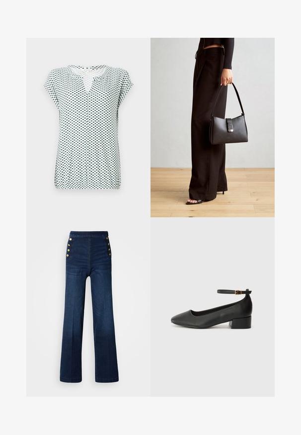Biela blúzka s krátkym rukávom a geometrickým námorníckym vzorom, s výstrihom do V a voľným strihom. Vyrobená z ľahkej, textúrovanej látky.; Tmavo modré denimové nohavice s širokými nohavicami, vysokým pásom, zlatými gombíkovými akcentmi po stranách a hladkou textúrou so subtílnym vyblednutím.; Čierne kožené lodičky s špicatou špičkou a nízkym blokovým podpätkom. Obsahuje remienok okolo členka so zlatým prackou. Hladký povrch.; Čierna kabelka so štruktúrovaným tvarom, hladkou textúrou a kovovou sponou. V kombinácii so širokými čiernymi nohavicami a sandálmi s otvorenou špičkou na drevenej podlahe.