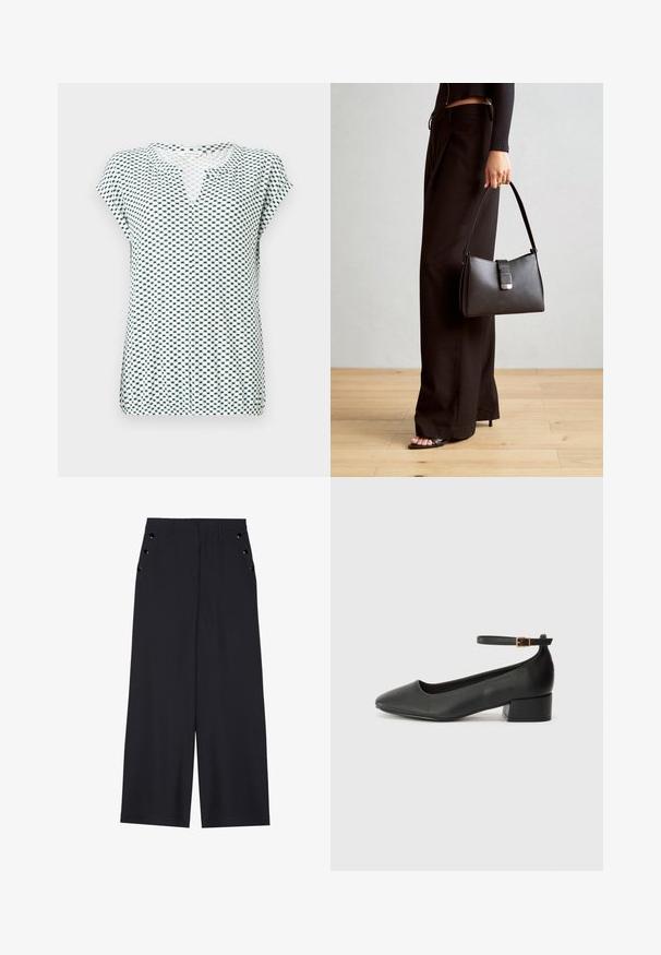 Top cu mânecă scurtă, de culoare albă, cu un model geometric bleu închis, având decolteu în V și o croială lejeră. Confectionat dintr-un material ușor, texturat.; Pantaloni evazați din material bleumarin închis, cu o textură netedă, pliseuri frontale și ochiuri decorative aurii pe buzunarele laterale.; Pantof cu toc negru din piele, cu vârf ascuțit și toc mic pătrat. Dispune de o curea la gleznă cu o cataramă în tonuri de aur. Textură netedă.; Genți negre cu o formă structurată, textură netedă și un închizător metalic. Asortată cu pantaloni negri largi și sandale cu vârf deschis pe un podea din lemn.