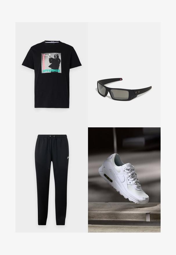 Černé bavlněné tričko se grafickým potiskem se texty "WEEKEND OFFENDER" a "London Calling", zvýrazněnými tyrkysovou a růžovou barvou.; Černé tepláky vyrobené z měkké látky, s elastickým pasem se šňůrkami, manžetami na kotnících a malým logem na boku.; Bílé tenisky Nike Air Max 90 s vrchním materiálem z textilu a kůže, perforovanou špičkou a viditelnou vzduchovou jednotkou v patě.; Černé sluneční brýle s matným povrchem, obdélníkové čočky, mírná křivka na spáncích, nenápadný detail loga a čočky s kouřovým zabarvením.