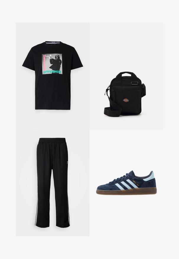 Mustat puuvillapaitat, joissa on graafinen printti tekstillä "WEEKEND OFFENDER" ja "London Calling", korostettuna turkoosilla ja vaaleanpunaisella.; Mustat urheiluhousut, joissa on joustava vyötärö, valkoiset sivuraidat ja pieni logo. Materiaali näyttää pehmeältä ja kevyeltä.; Adidaksen tummansininen mokkanahkakengät vaaleansinisin raidoitta, kumipohja, vaaleansininen kantatuki ja kultainen "Spezial" -merkintä sivussa.; Musta olkakohtainen laukku, jossa on vetoketjullinen tasku, suorakaiteen muotoinen, kangasta, etupuolella logopatchi, säädettävä olkahihna.