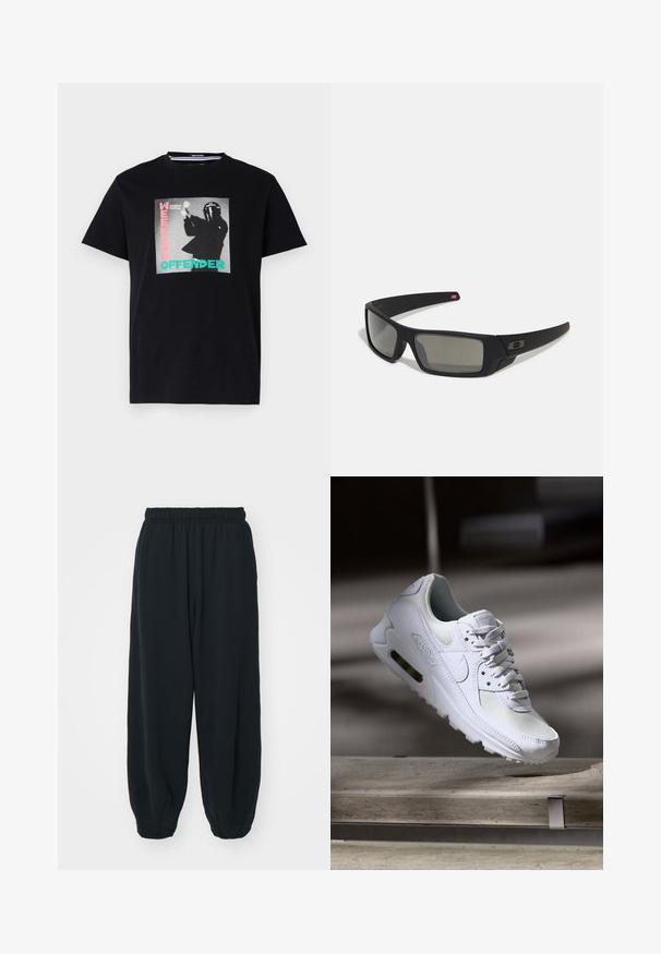 Camiseta de algodón negra con un estampado gráfico que incluye el texto "WEEKEND OFFENDER" y "London Calling", resaltados en turquesa y rosa.; Pantalones de chándal negros con cintura elástica, de corte holgado, con puños en los tobillos, textura suave y sin patrones visibles ni acentos metálicos.; Zapatilla Nike Air Max 90 blanca con parte superior de malla y cuero, caja de puntera perforada y unidad de aire visible en el talón.; Gafas de sol negras con acabado mate, lentes rectangulares, ligera curvatura en las patillas, sutil detalle del logo y lentes ahumados.