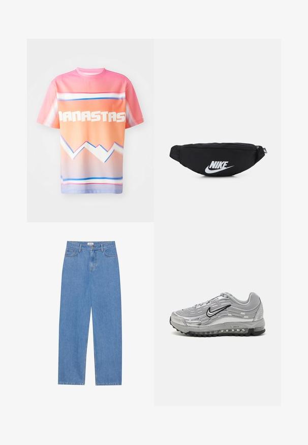 Korte mouwen, lichtgewicht t-shirt in een verloop van roze en oranje tinten, met vetgedrukte witte tekst en geometrische blauwe en witte patronen.; Lichtblauwe denim jeans met een rechte pasvorm, vijf-pocket ontwerp, enkele knoopsluiting en subtiele stikseldetails op de naden.; Grijze Nike Air Max sneakers met een bovenwerk van gaas en synthetisch materiaal, golfachtig ontwerp, zwarte accenten en een zichtbare luchtkussening.; Zwarte nylon heuptas met een ritsluiting, voorzien van een groot wit Nike-logo. Soepele textuur en ergonomisch ontwerp voor comfortabel dragen.