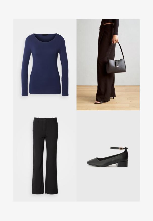 Sötétkék, hosszú ujjú póló, puha anyagból készült, kerek nyakkal és testhezálló szabással. Nincsenek látható minták vagy díszítések.; Fekete pamut keverék nadrág egyenes szárú dizájnnal, elülső gombos záródással és két oldalsó zsebbel. Simára kialakított textúra, nincs látható minta.; Fekete bőr magassarkú cipő hegyes orral és alacsony tömb sarkal. Bokapánttal rendelkezik, aranyszínű csattal. Simább textúra.; Fekete kézi táska strukturált formával, sima textúrával és fémből készült záródással. Széles fekete nadrággal és nyitott orrú szandállal párosítva, fából készült padlón.